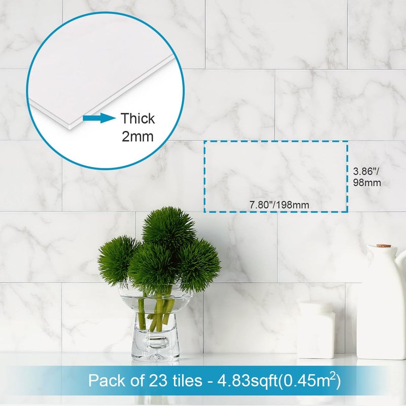 BeNice Peel and Stick Backsplash Large Bathroom Subway Tiles,Kitchen Shower Wall Stickers Waterproof(23Tiles) Cararra White - Image 3